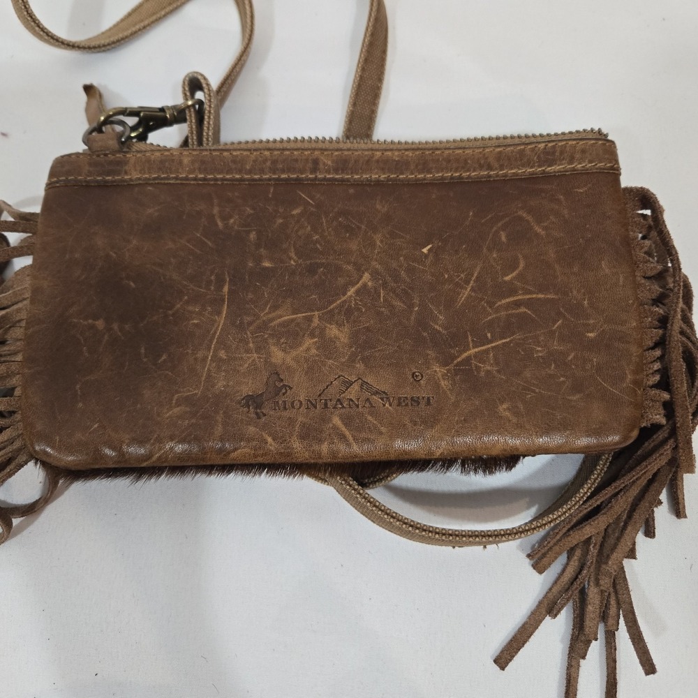 Montana West Genuine Leather Cowhide Fringe Crossbody Clutch Brown Western - Picture 4 of 14